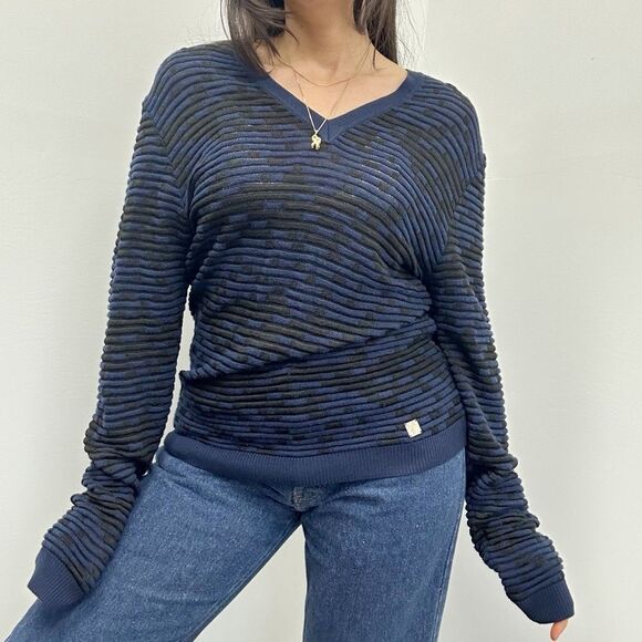 Versace Collection Sweaters - Versace Collection Blue & Black Wool Blend Mesh Knit V-neck Sweater Size M